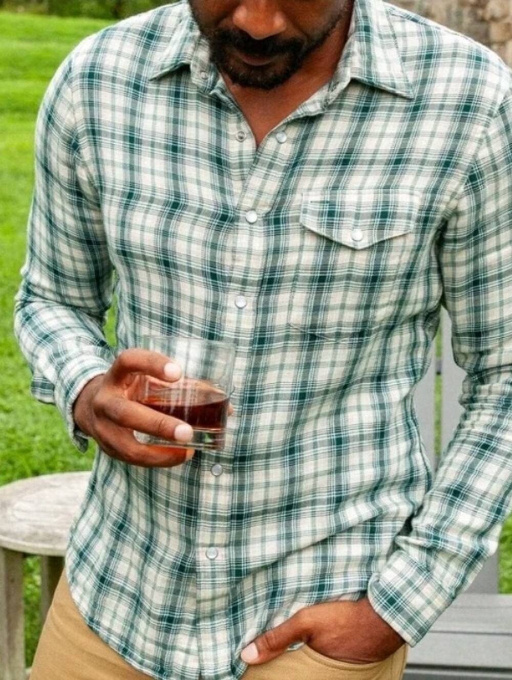 Criquet Double Cloth Flannel Pearl Snap Flannel Button Down Shirt Plaid Blues  S